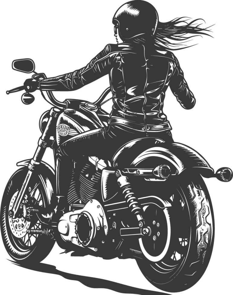 woman riding motorcycle with engraving style black color only vector