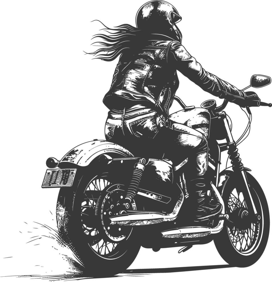 woman riding motorcycle with engraving style black color only vector