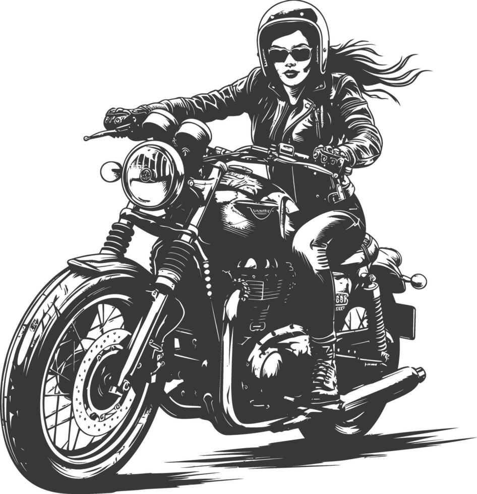 woman riding motorcycle with engraving style black color only vector