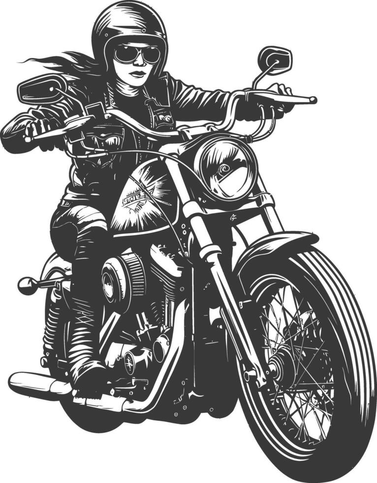 woman riding motorcycle with engraving style black color only vector