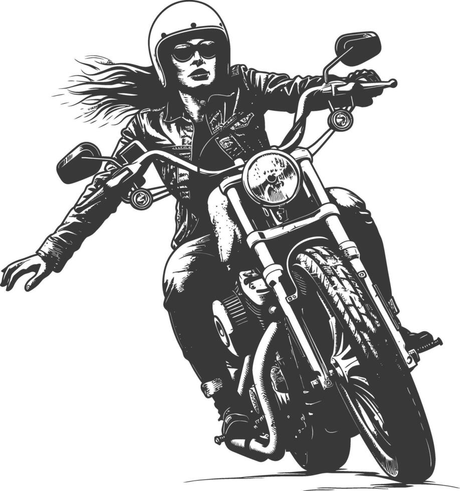 woman riding motorcycle with engraving style black color only vector