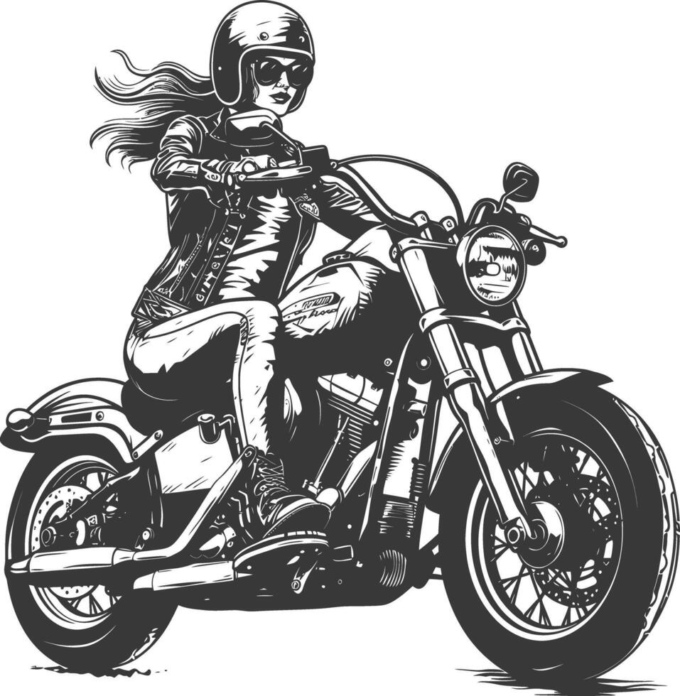 woman riding motorcycle with engraving style black color only vector