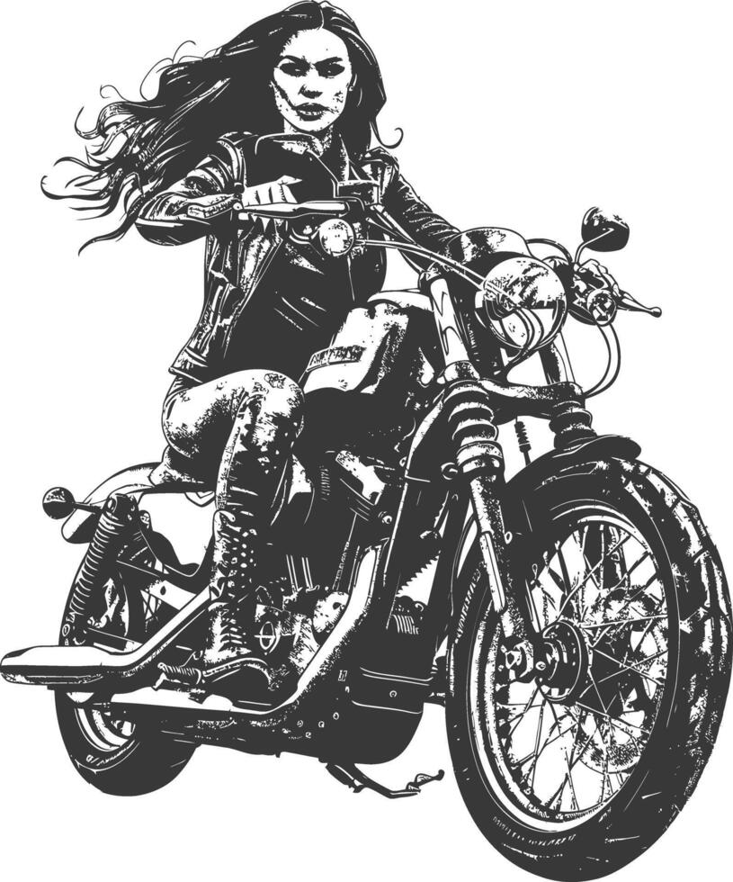 woman riding motorcycle with engraving style black color only vector