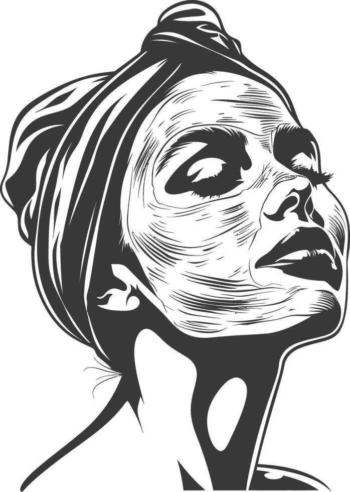 woman using beauty cosmetic face mask with engraving style black color only vector