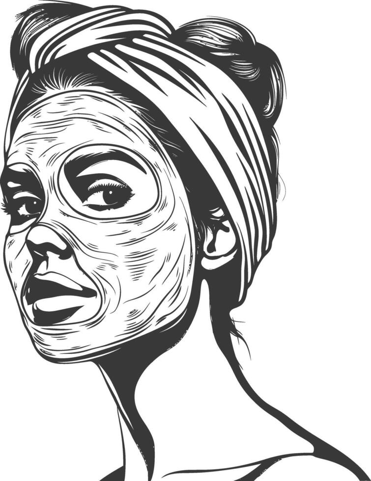 woman using beauty cosmetic face mask with engraving style black color only vector