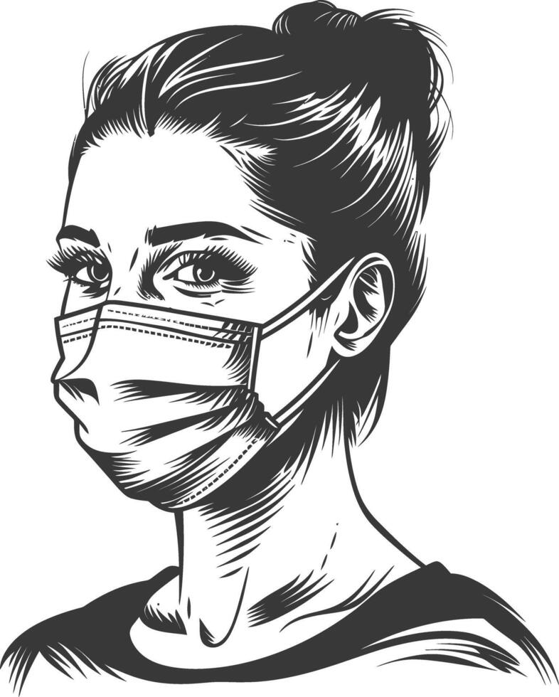 woman using face mask with engraving style black color only vector
