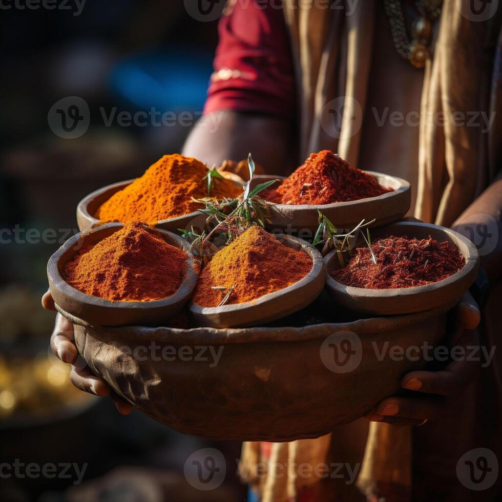 Two hands holds tray with bowls of colourful spice harvest in market in India. Asian or mexican food banners, advertisement. Copy space photo