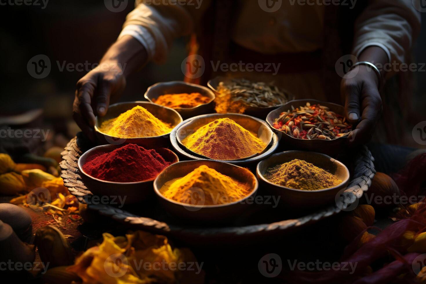 Two hands holds tray with bowls of colourful spice harvest in market in India. Asian or mexican food banners, advertisement. Copy space photo