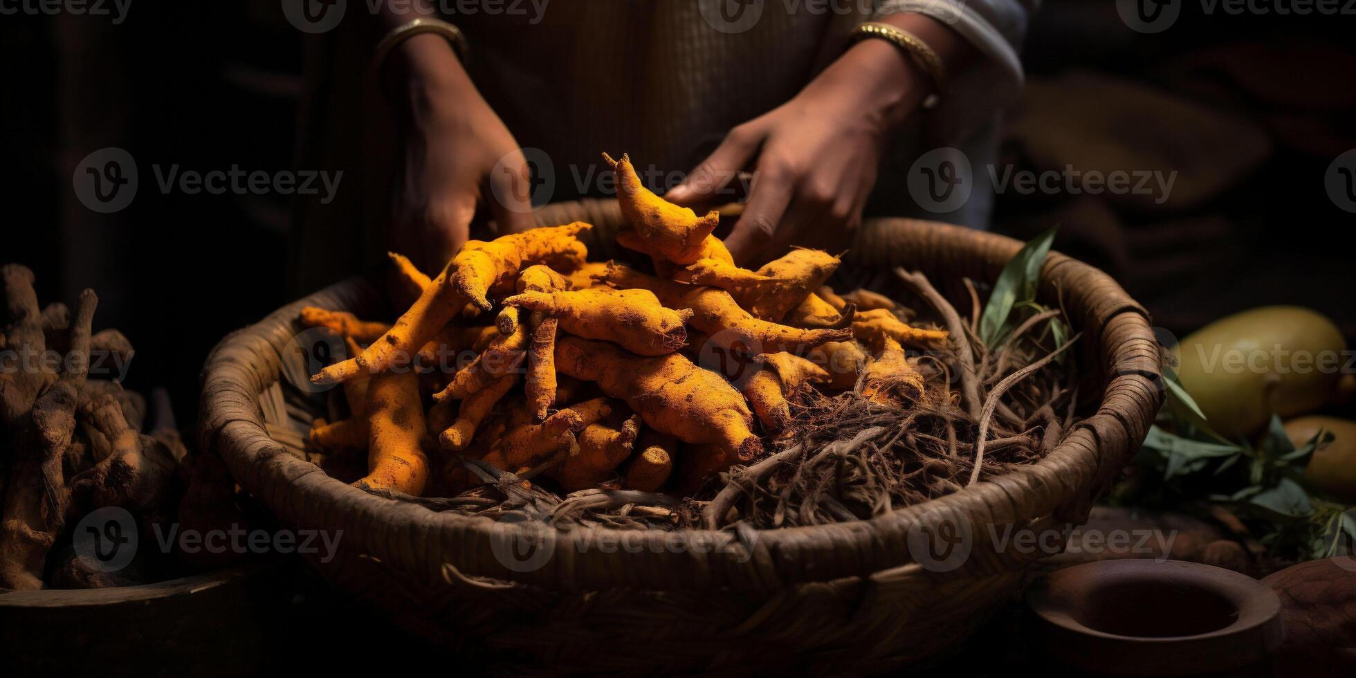 Hands near a basket of tumeric roots. Indian, Asian or Mexican spices. Bowls with colourful spice in market in India. Asian or mexican food banners, advertisement. Copy space photo