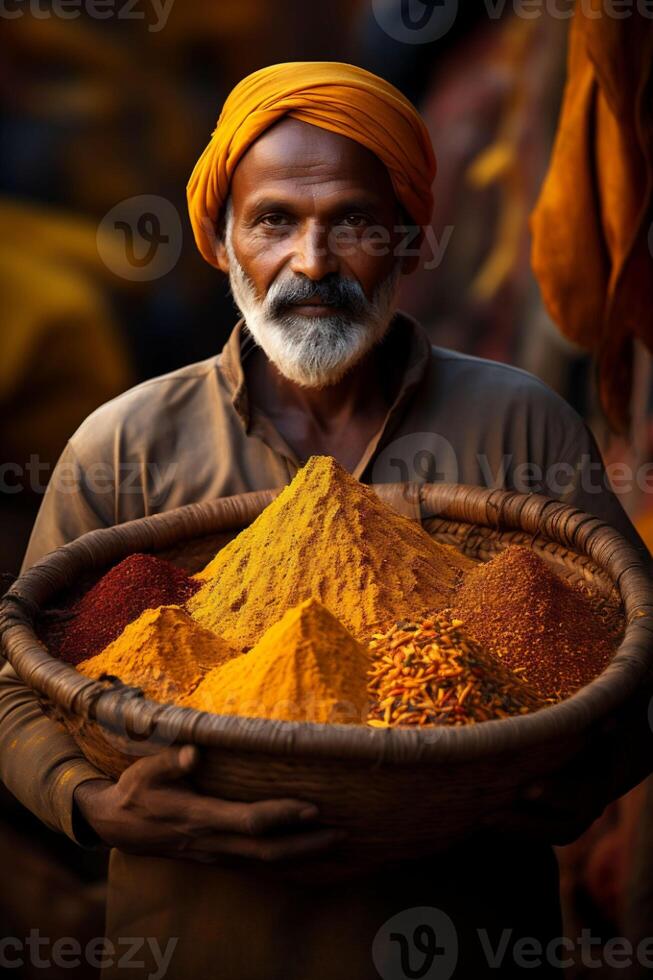 Man holds woven basket with colourful Indian or Mexican spices as tumeric, chilli. Asian or mexican food banners, advertisement. Copy space photo