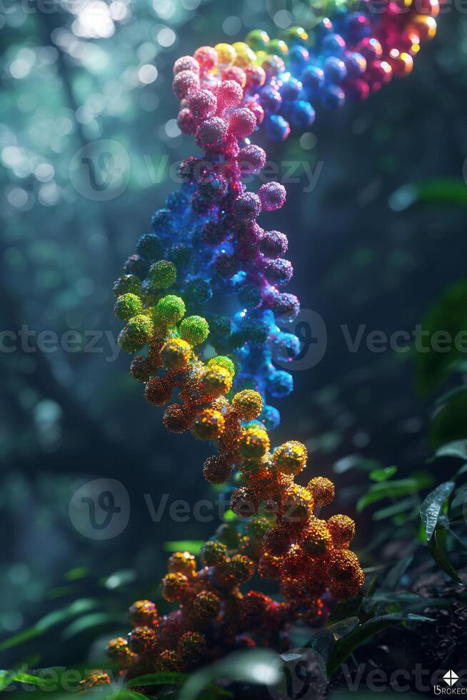 Vibrant DNA Molecule in Enchanting Forest with Copy Space concept of nature science biology photo