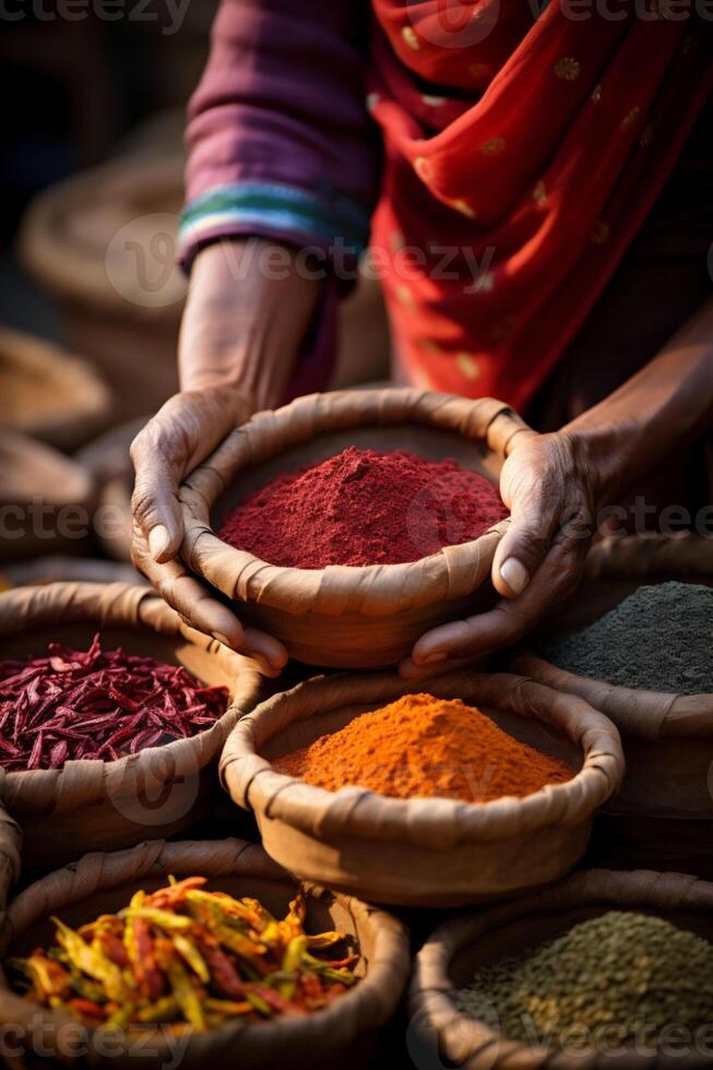 Two hands holds tray with bowls of colourful spice harvest in market in India. Asian or mexican food banners, advertisement. Copy space photo