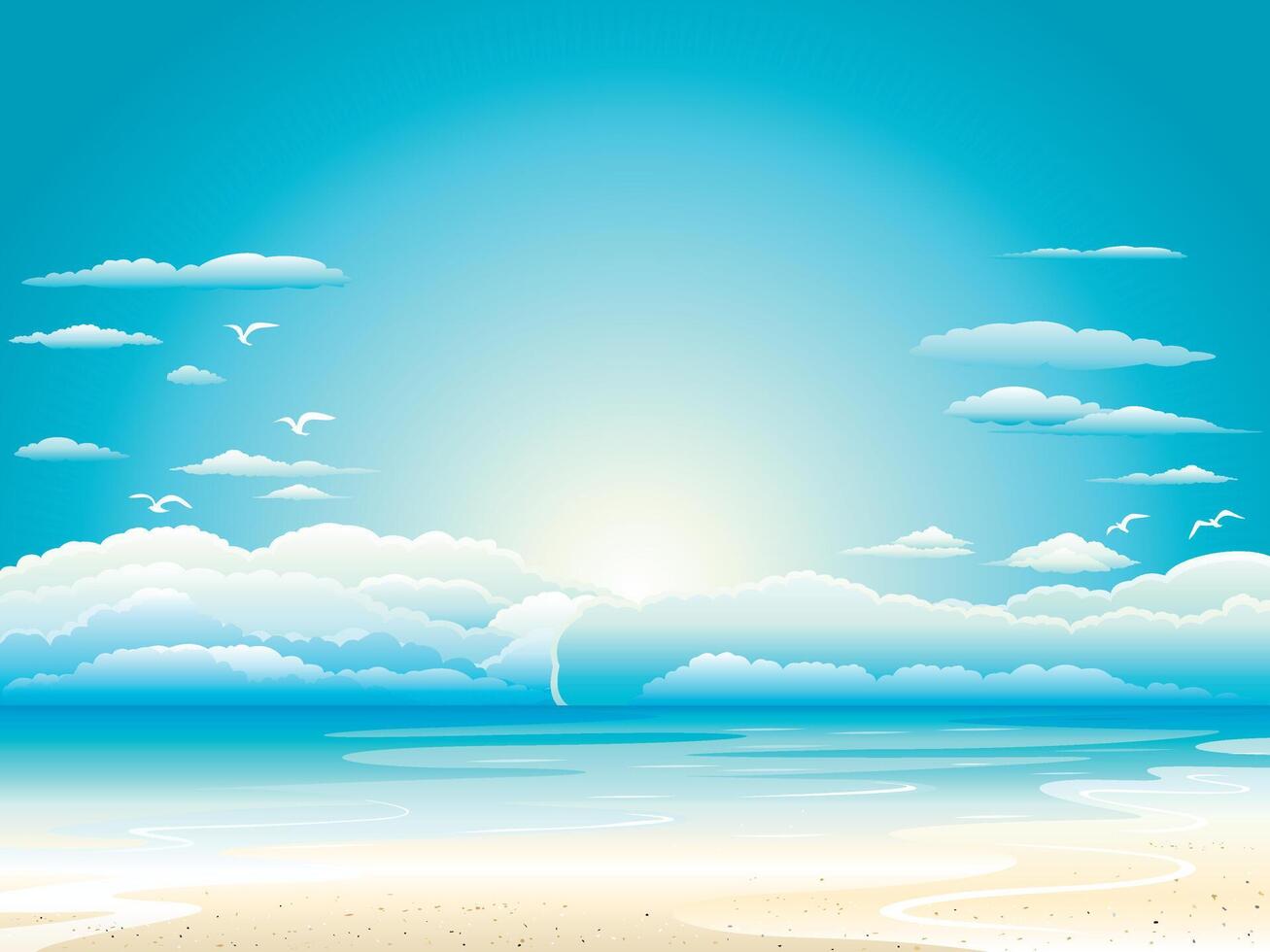 Sunny day view on Beach. Blue Sky with cloud and flying birds vector