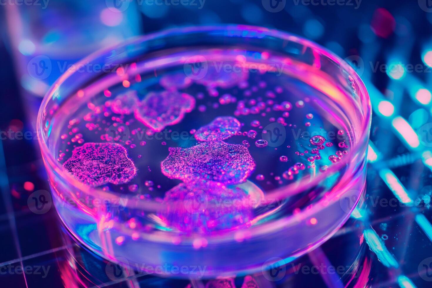 petri dishes glowing with fluorescent pink and blue bacterial cultures, on a dark illuminated background with electronic circuit patterns. related to biotechnology and futuristic scientific research. photo