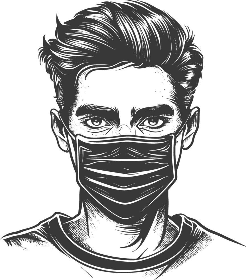 man using face mask with engraving style vector