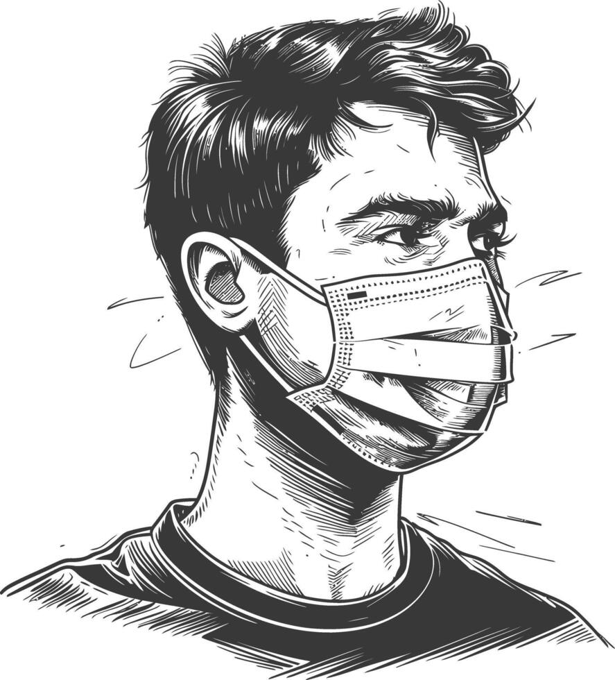 man using face mask with engraving style vector