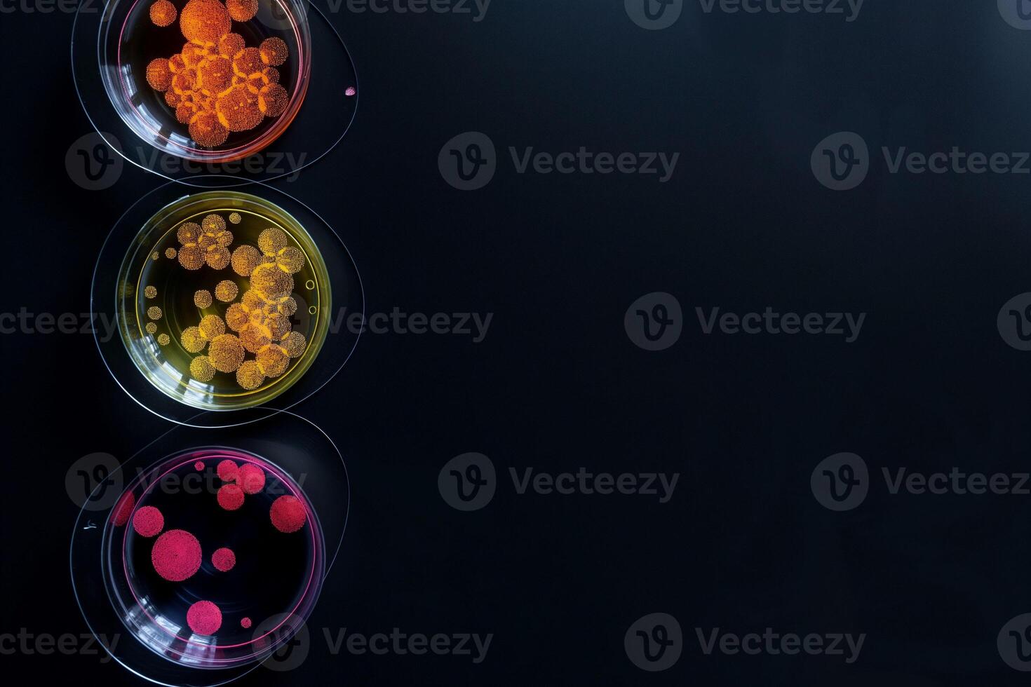Three Petri Dishes with orange, yellow, and red Bacterial Colonies on a black background, suitable for scientific and medical research themes. photo