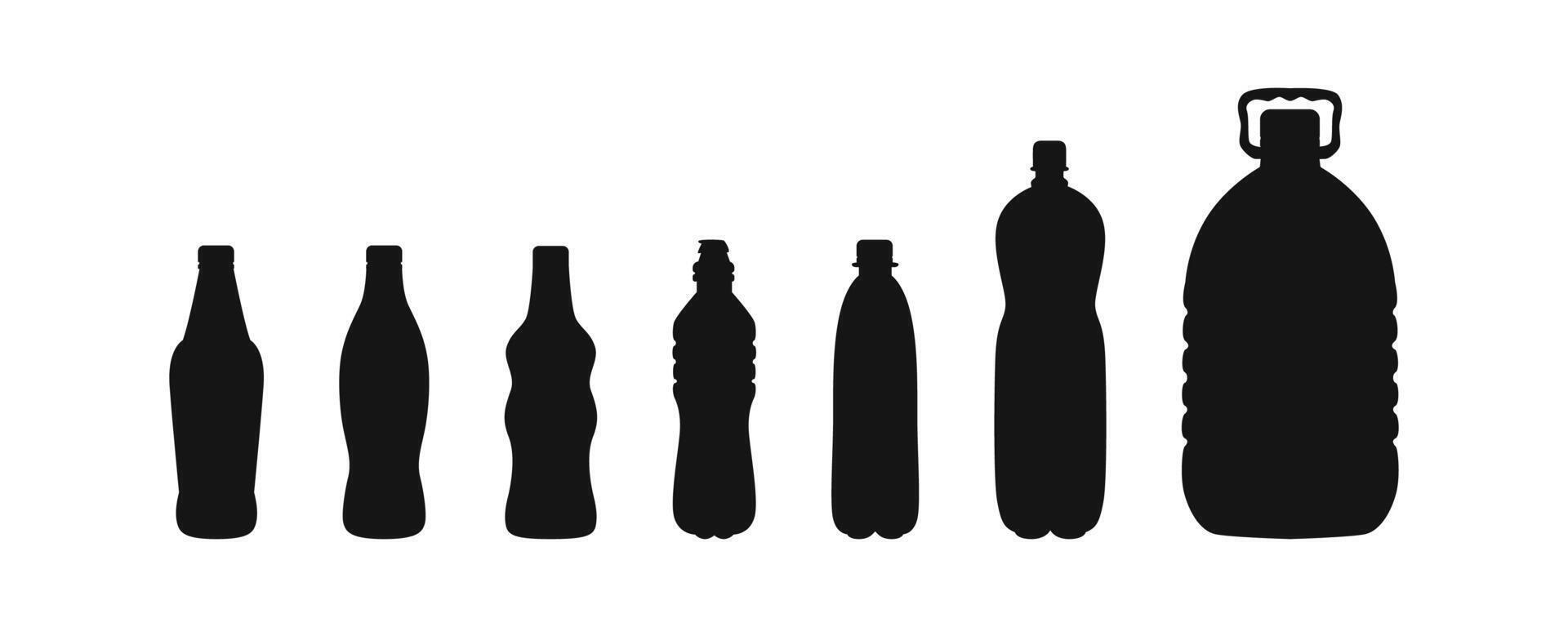 Plastic bottle silhouette set. Water package bottles icons. vector