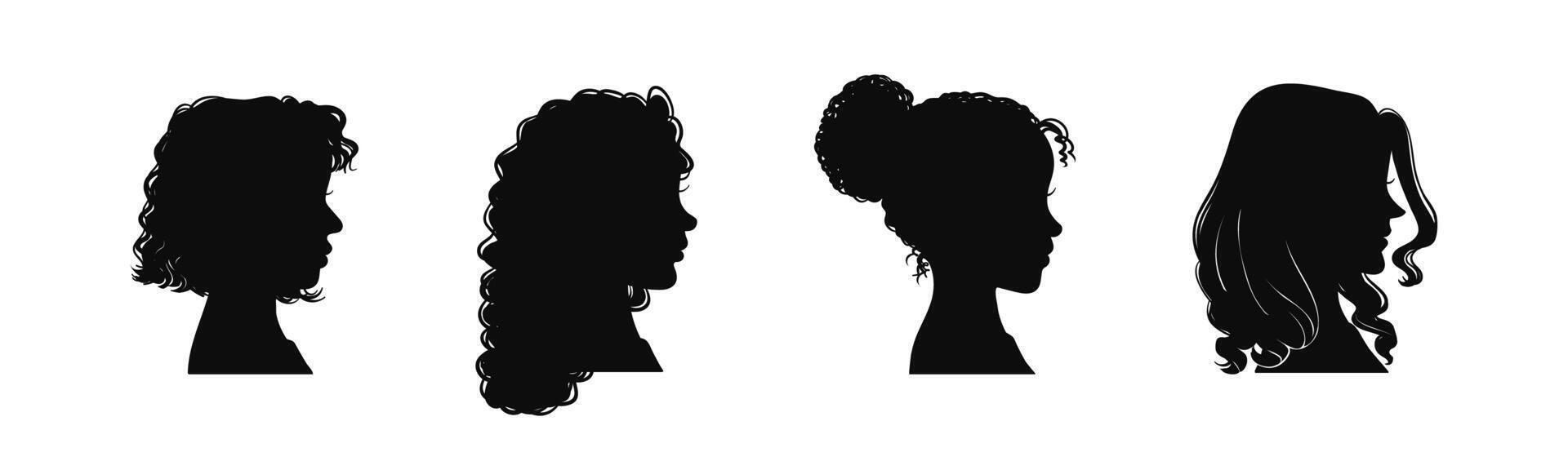 Beautiful woman side view portrait silhouette set. Female profile different hairstyles collection. vector
