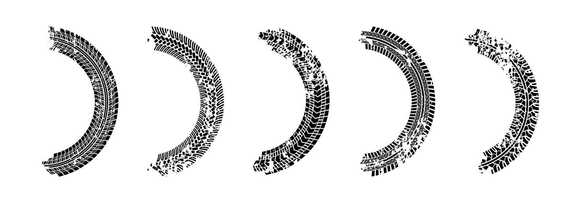 Car tire dirty trace set. Tires path tracktion collection. vector