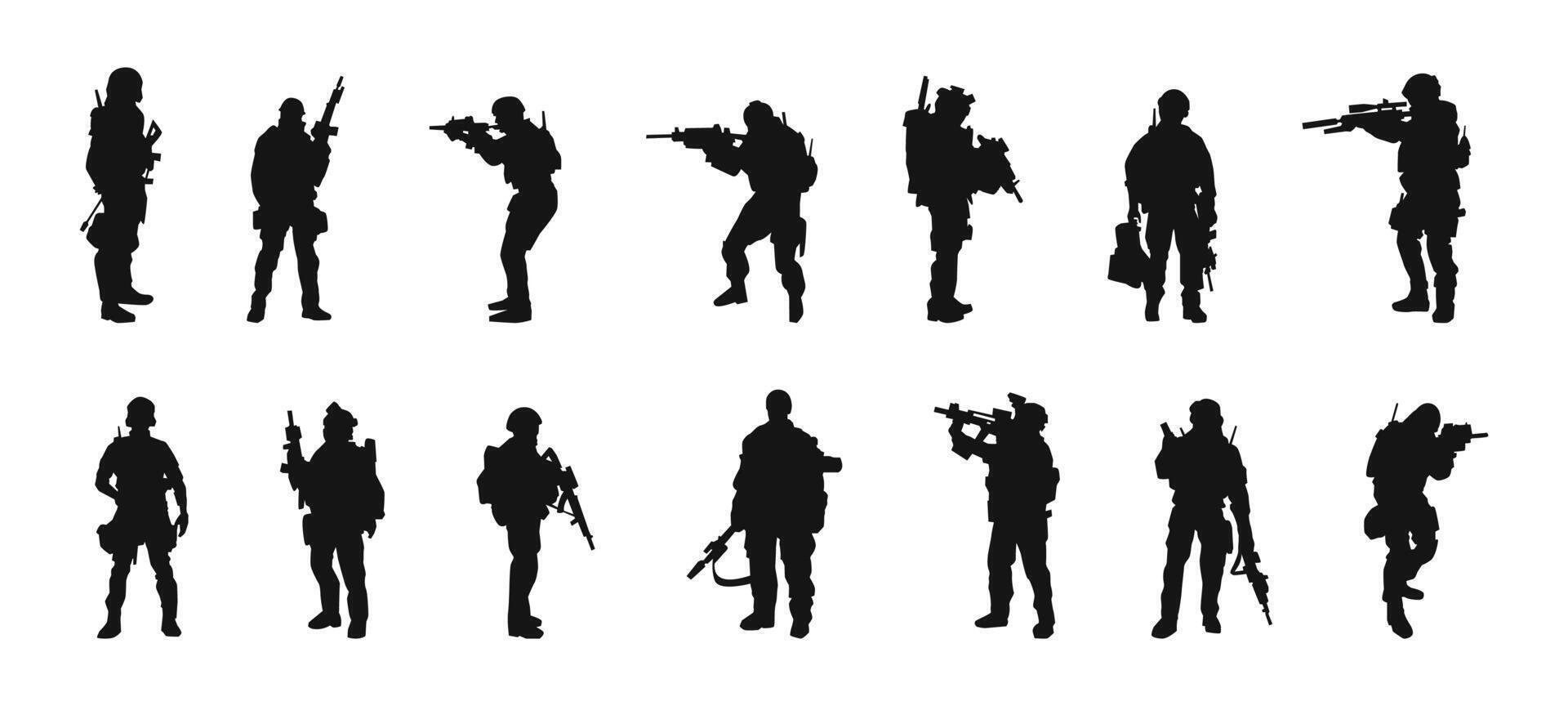 Soldiers silhouette set. Warriors armed flat black collection. vector