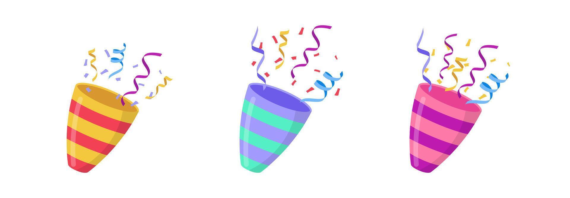 Holiday petard cracker set. Confetti firecracker multicolor illustration. vector