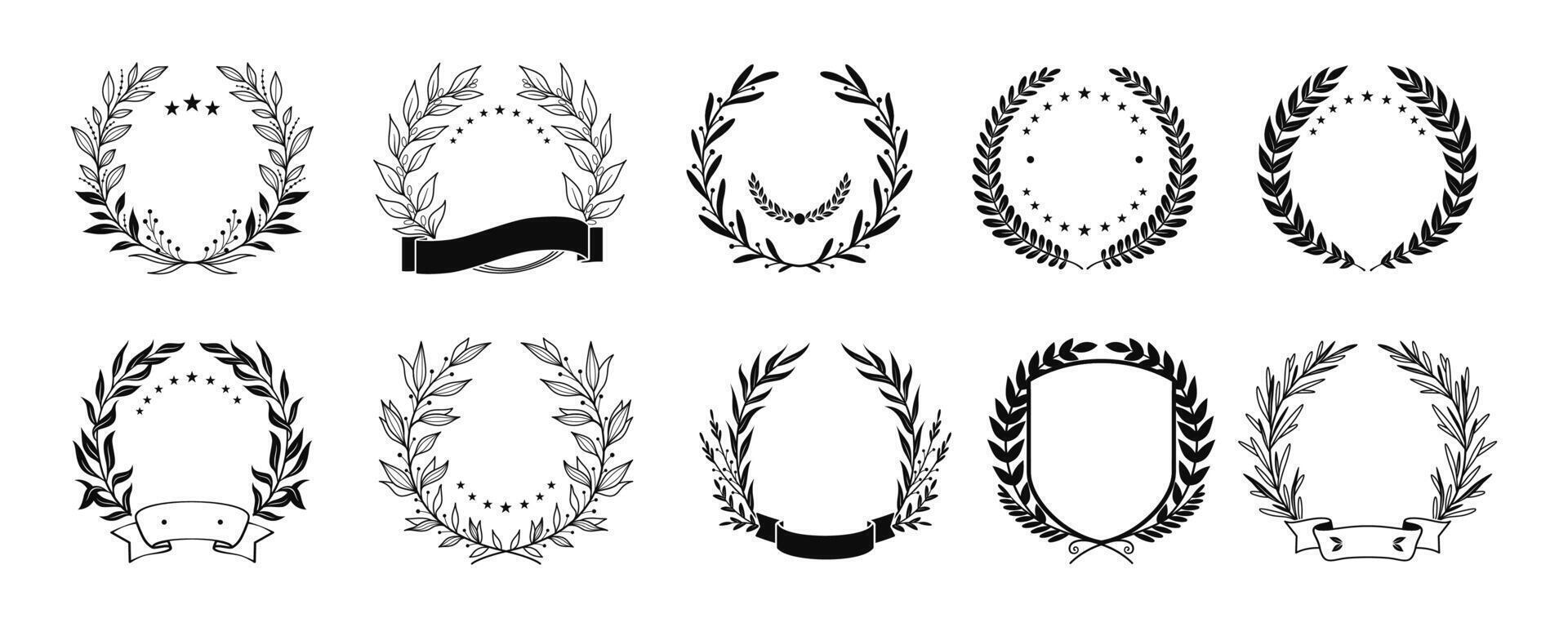 Laurel wreath set. Victory awards floral sketch collection. vector