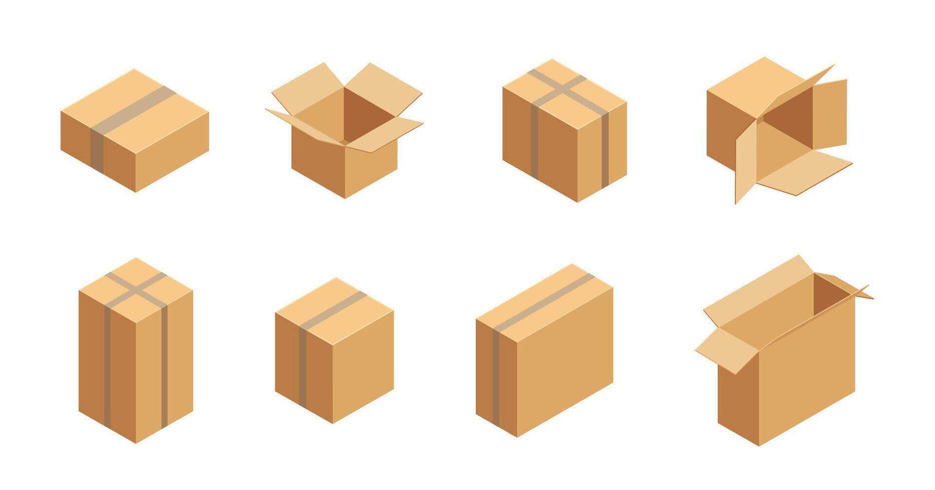 Cardboard box set. Brown delivery boxes illustration collection. vector