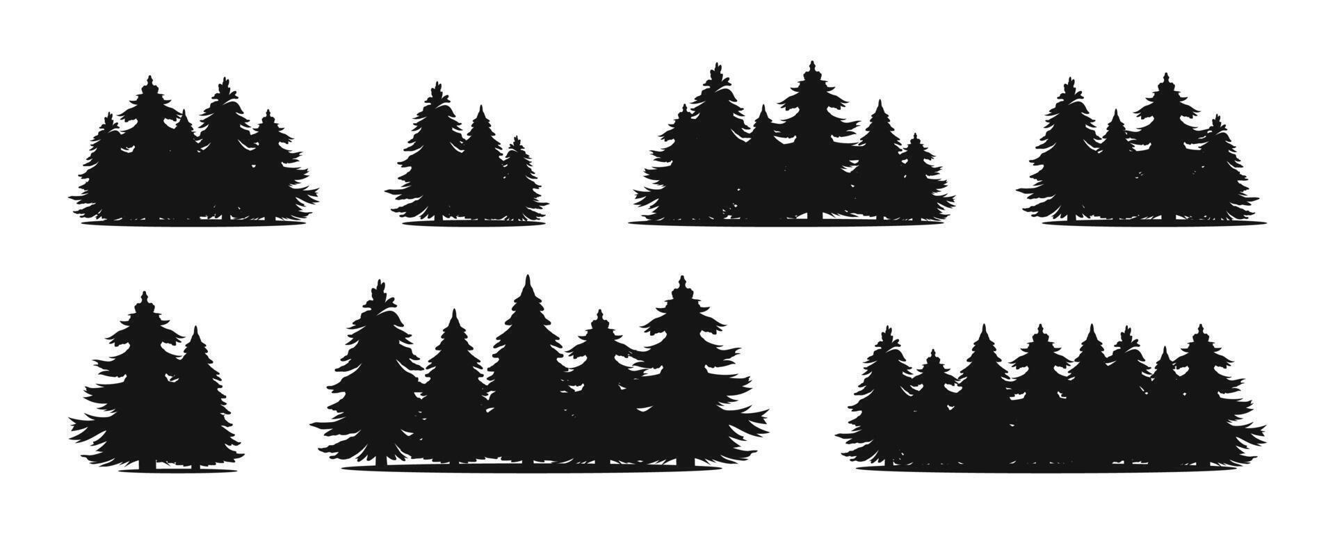 Pinetree forest silhouette set. Oak trees flat black template. vector