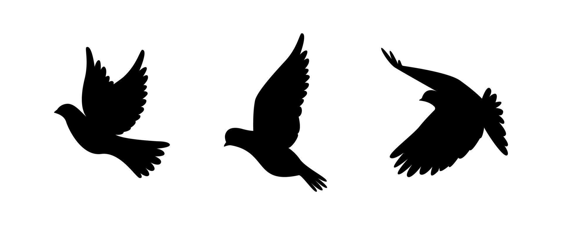 Dove birds silhouette set. Bird flat black illustration. vector