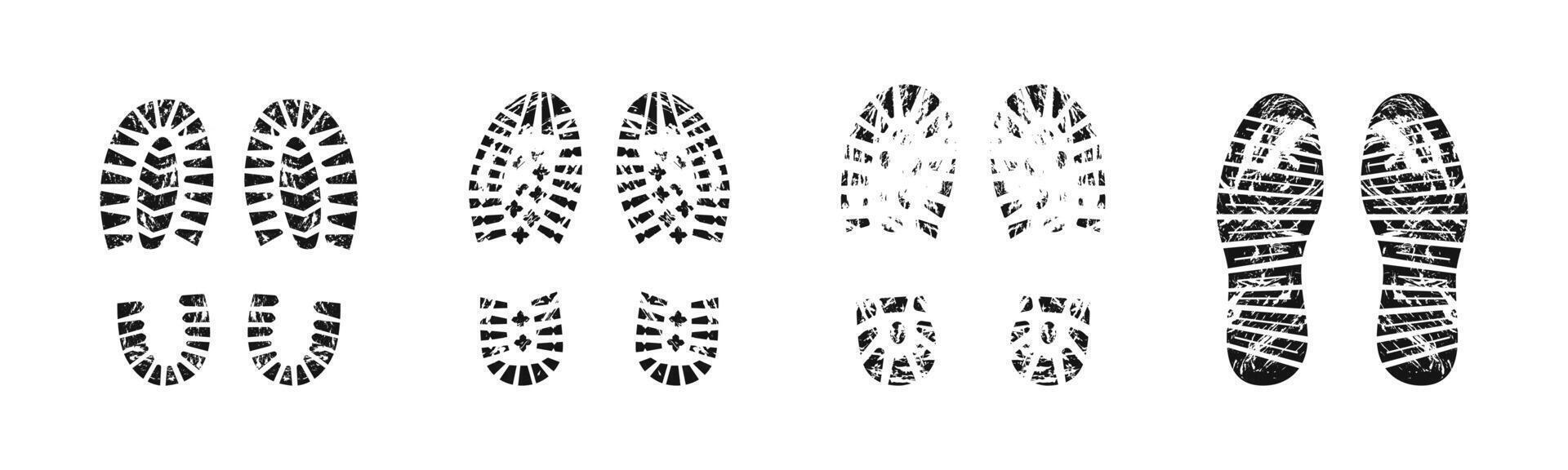Boot grunge imprint set. Shoe grungy track silhouette collection. vector