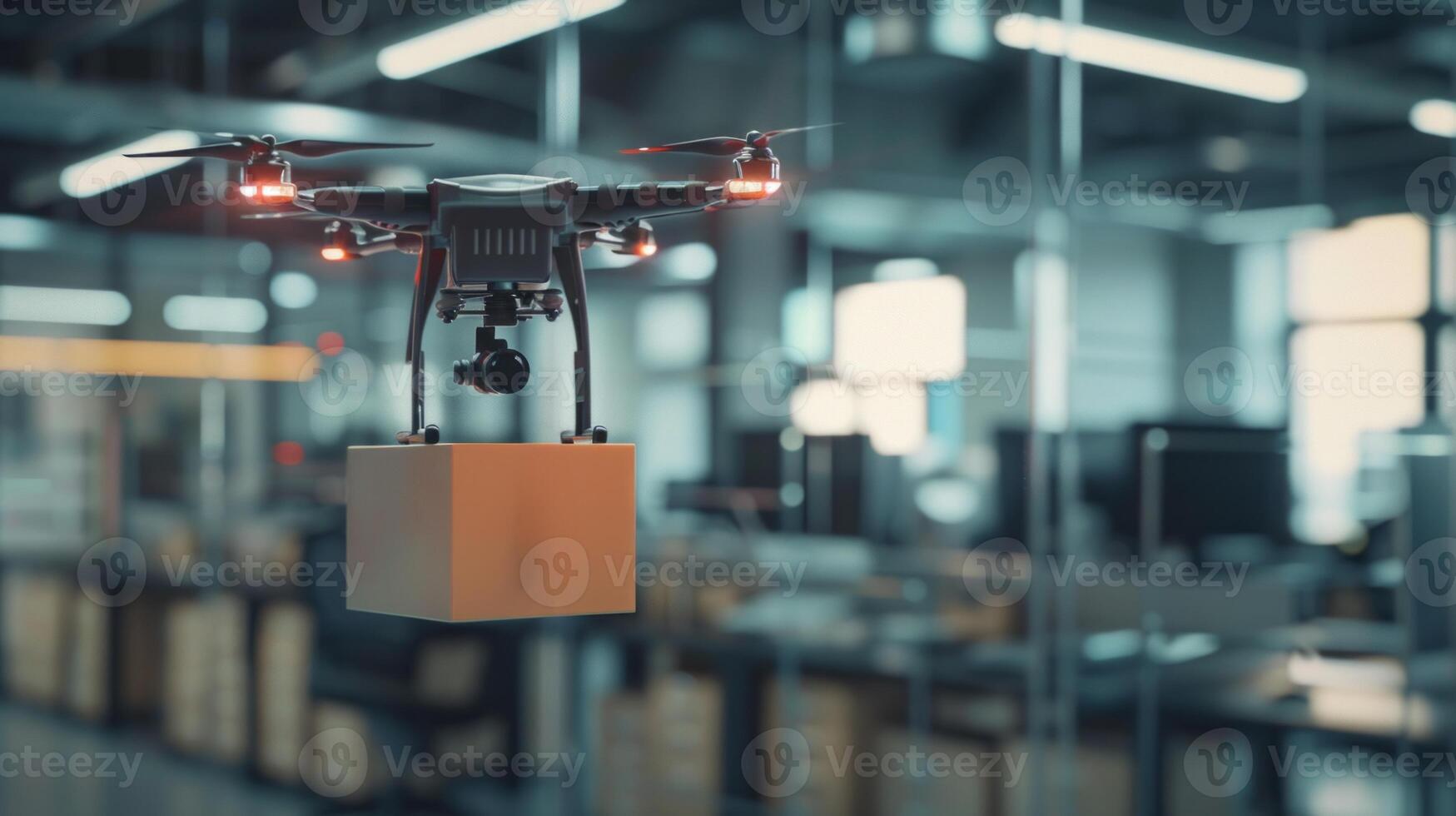 Drone delivering package in warehouse. A drone carrying a package in a warehouse, showcasing the future of logistics and delivery technology. photo