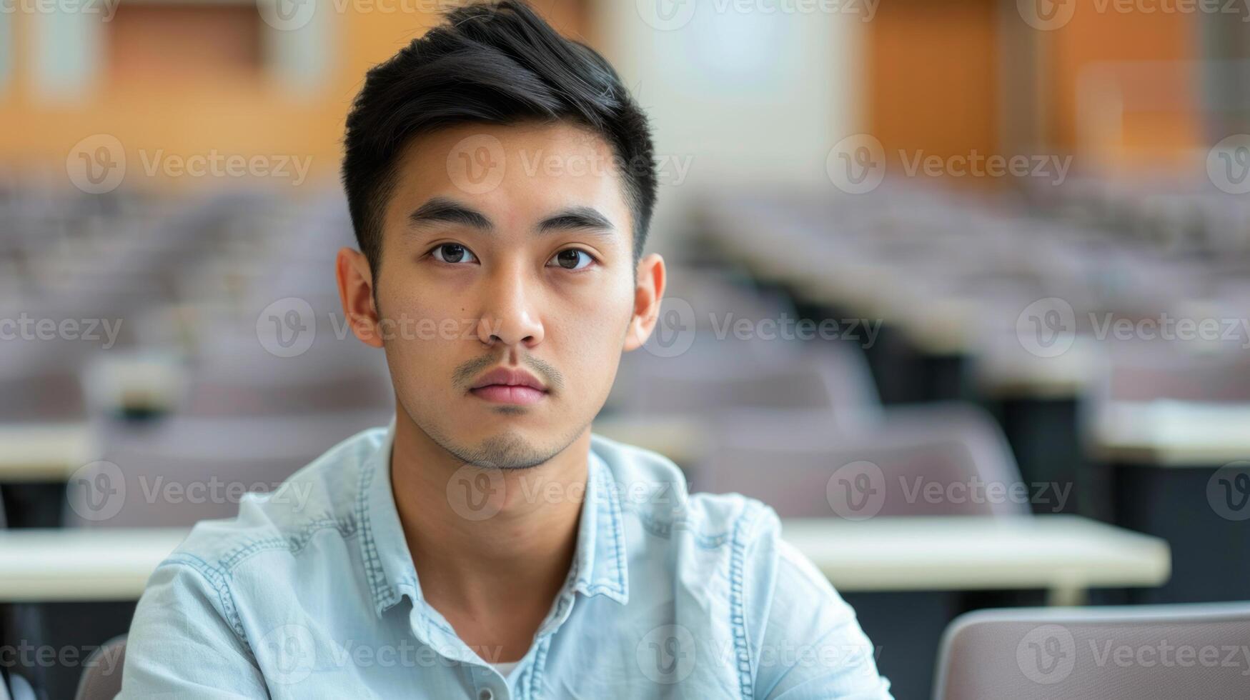Serious young man in college lecture hall. Thoughtful student in a university lecture hall. Perfect for education and university related themes. photo