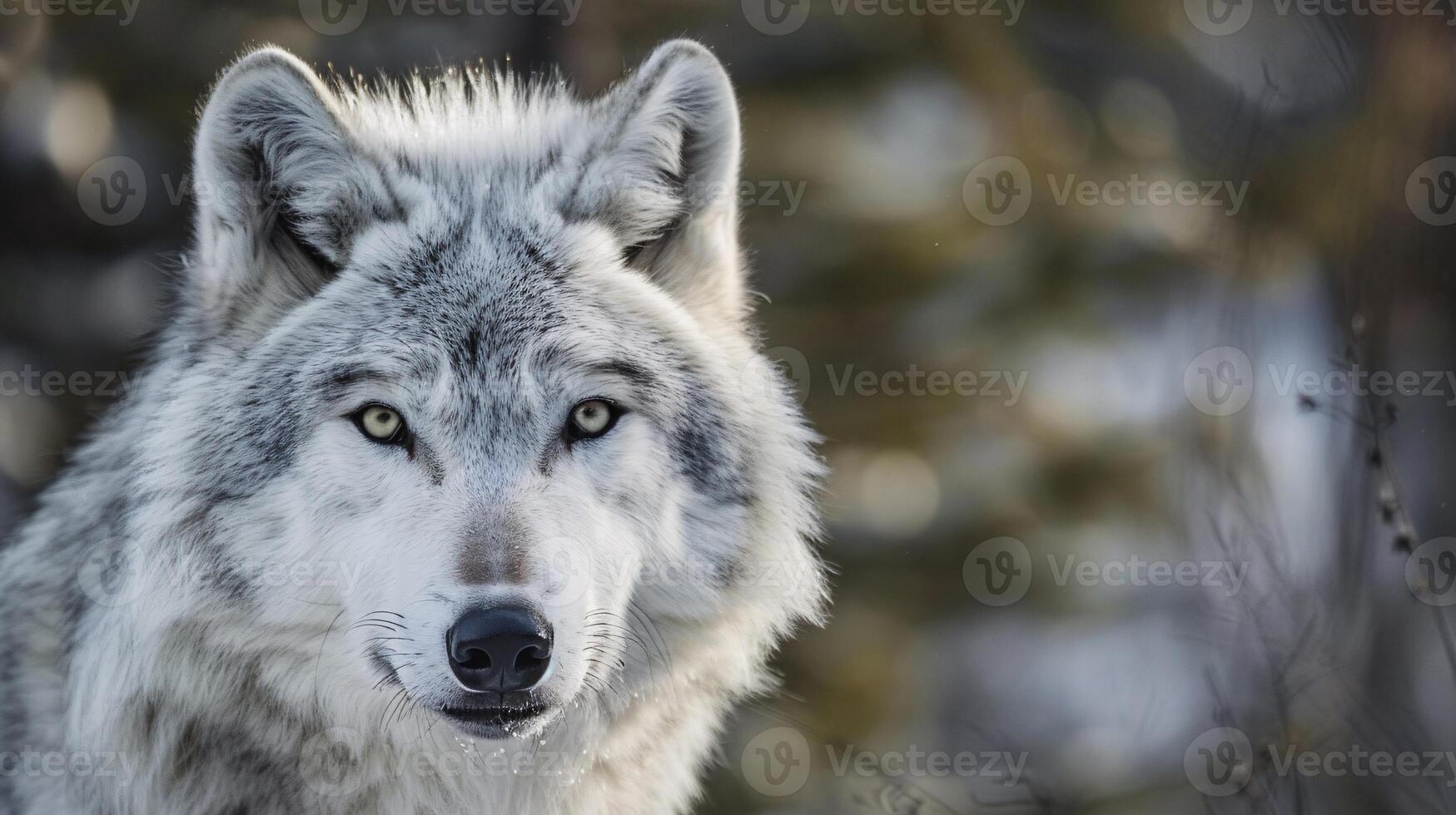Majestic grey wolf portrait. Close-up portrait of a majestic grey wolf in its natural habitat, captivating gaze and powerful presence. photo