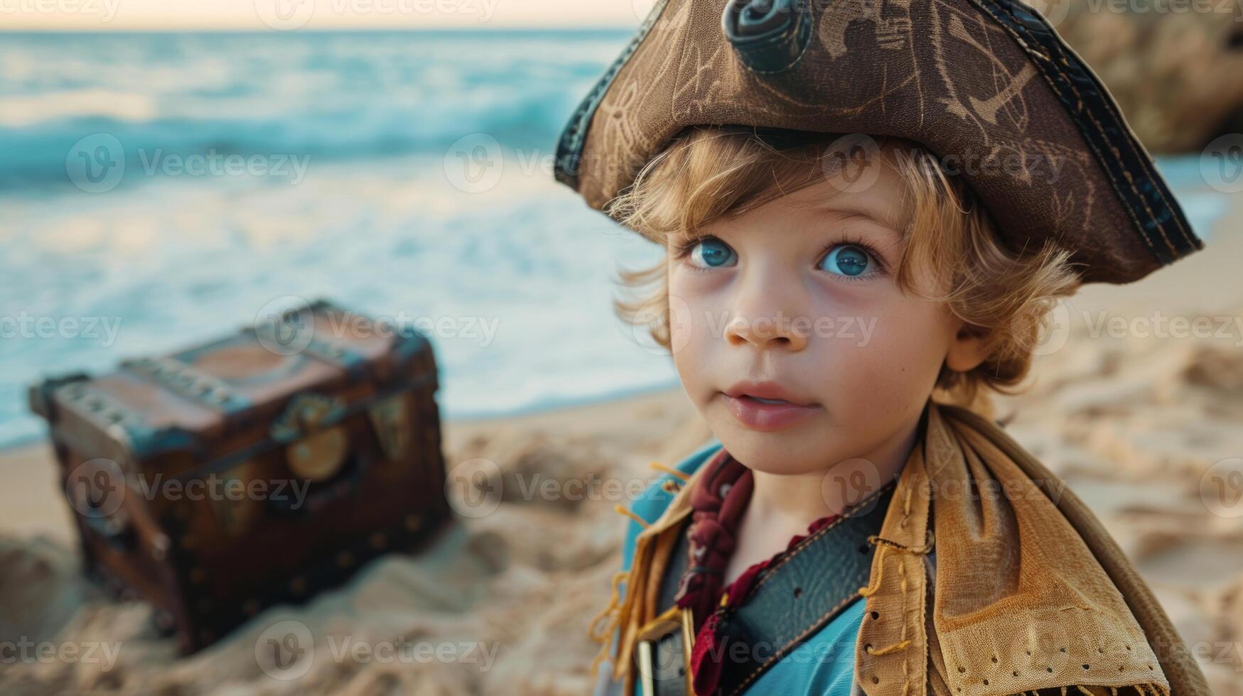 Young pirate boy with treasure chest on beach. Adorable young boy dressed as a pirate with a treasure chest on a sunny beach, perfect for adventure and childhood themes. photo