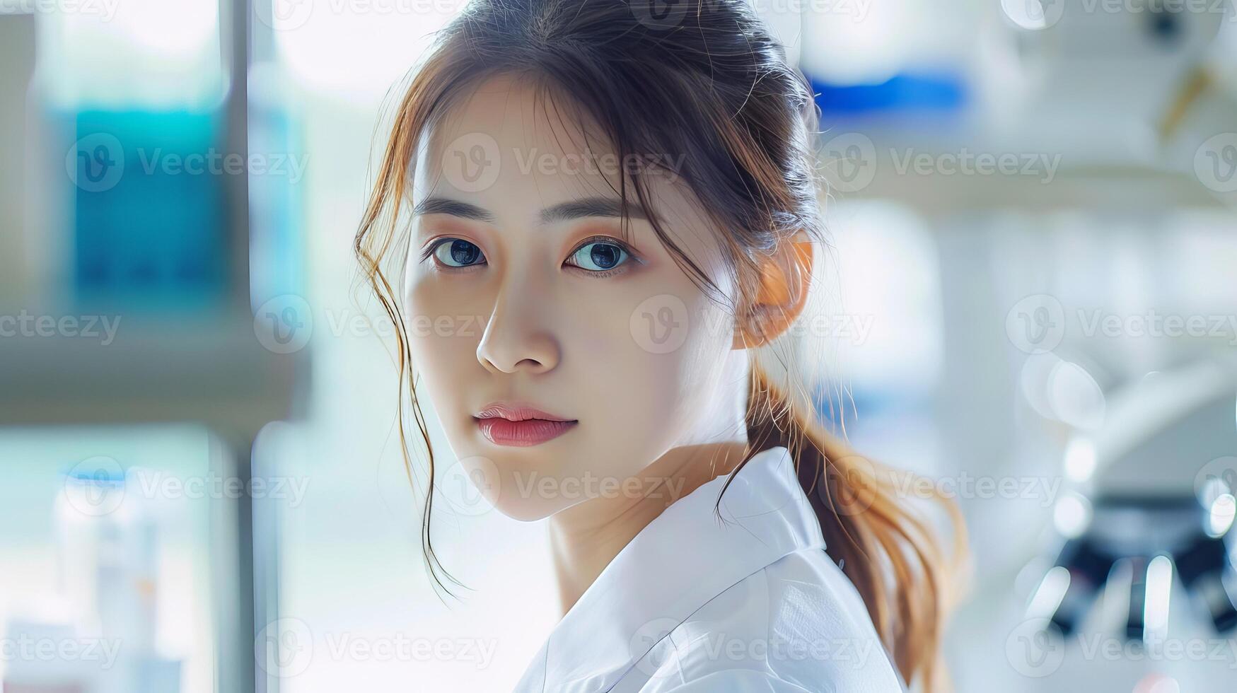 Confident female scientist in lab. Portrait of a young and confident female scientist in a white lab coat, looking back over her shoulder. photo