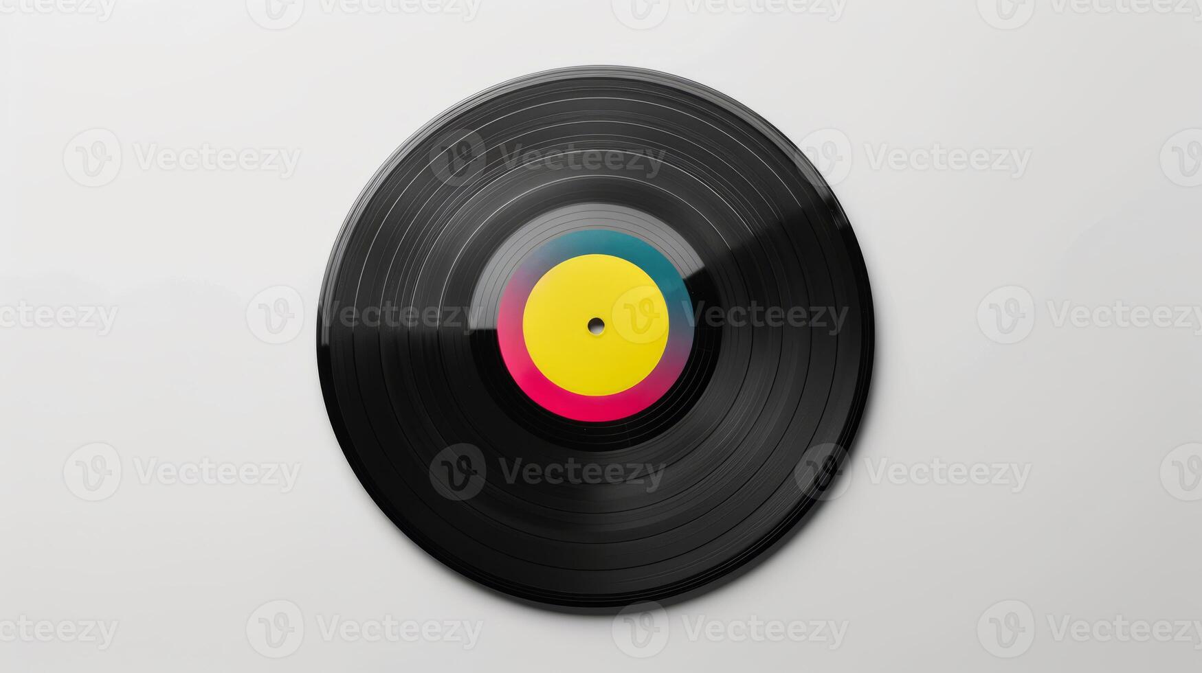 Vinyl record on white background. A black vinyl record with a colorful label, isolated on a white background. Perfect for music-themed projects. photo