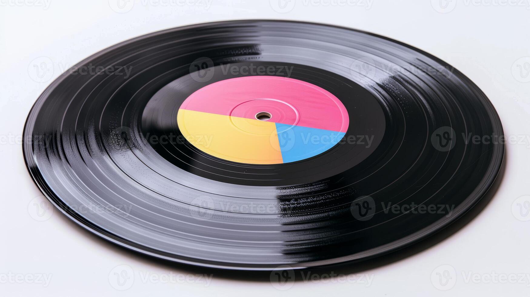Colorful vinyl record on white background. Black vinyl record with colorful label on a white background, perfect for music and audio projects. photo