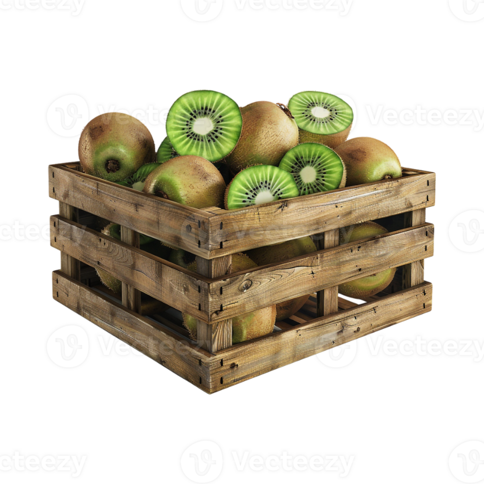 Kiwi Fruits in a Wooden Crate on Transparent Background png