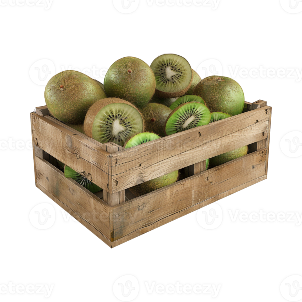 Kiwi Fruits in a Wooden Crate on Transparent Background png