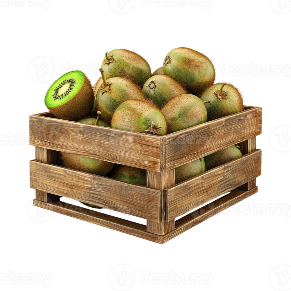 Kiwi Fruits in a Wooden Crate on Transparent Background png