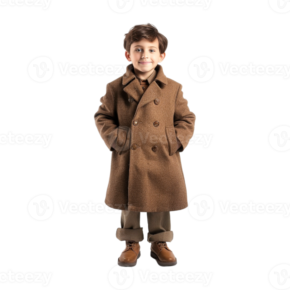 Young Boy Standing and Wearing Long Coat on Transparent Background png