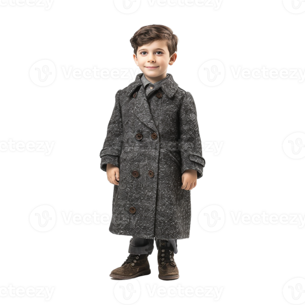 Young Boy Standing and Wearing Long Coat on Transparent Background png
