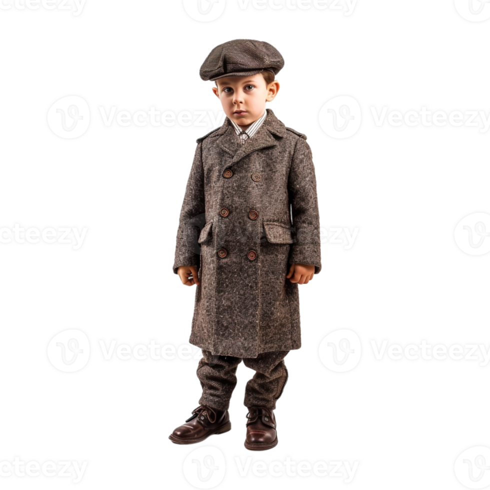 Young Boy Standing and Wearing Long Coat on Transparent Background png