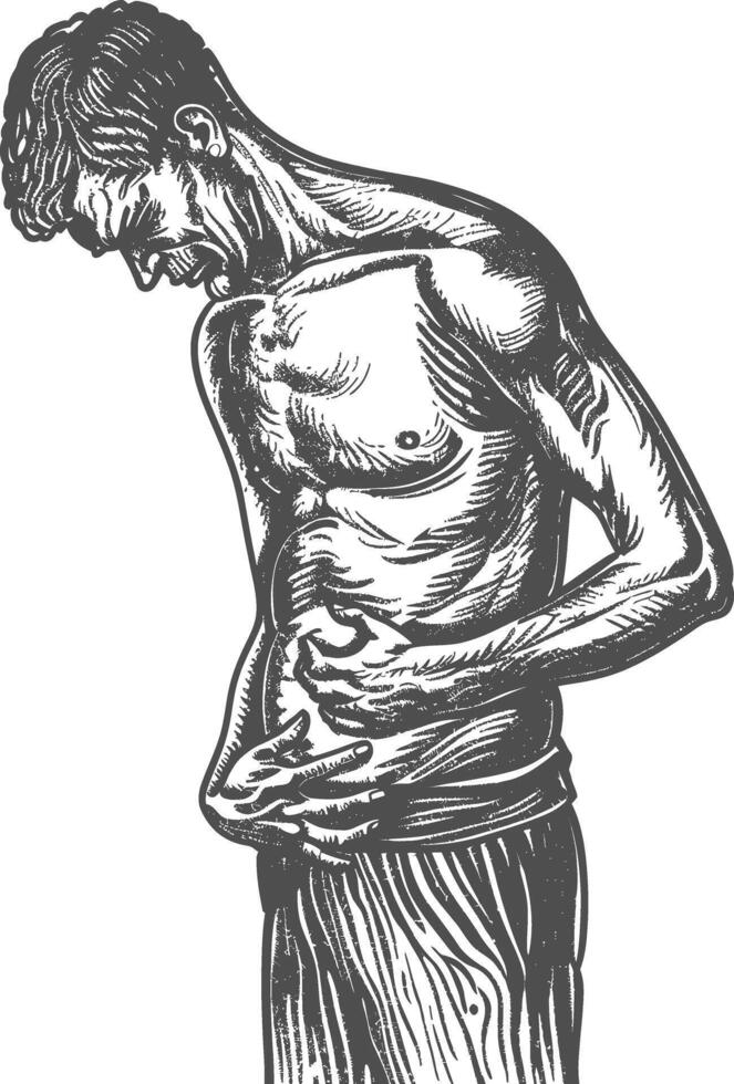man holding stomach in pain with engraving style vector