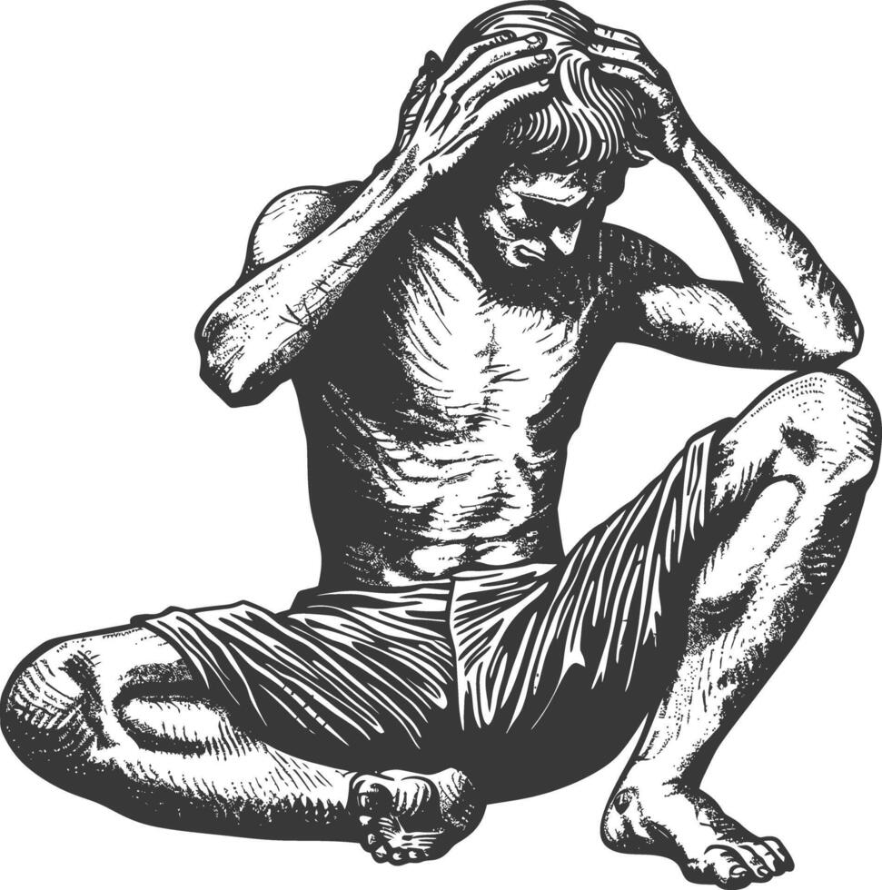 man holding headache in pain with engraving style vector