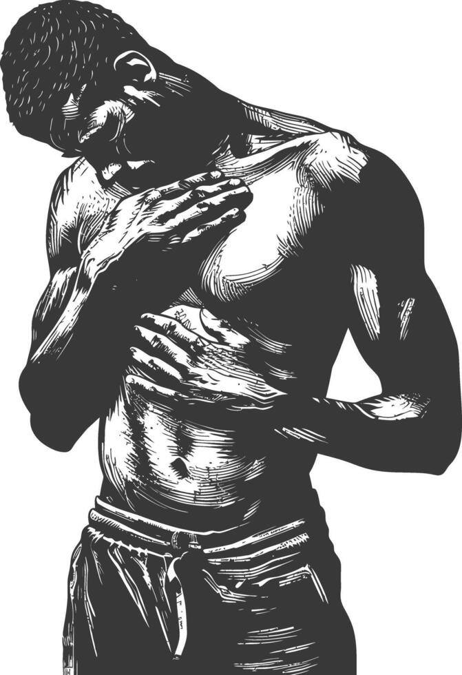 man holding stomach in pain with engraving style vector