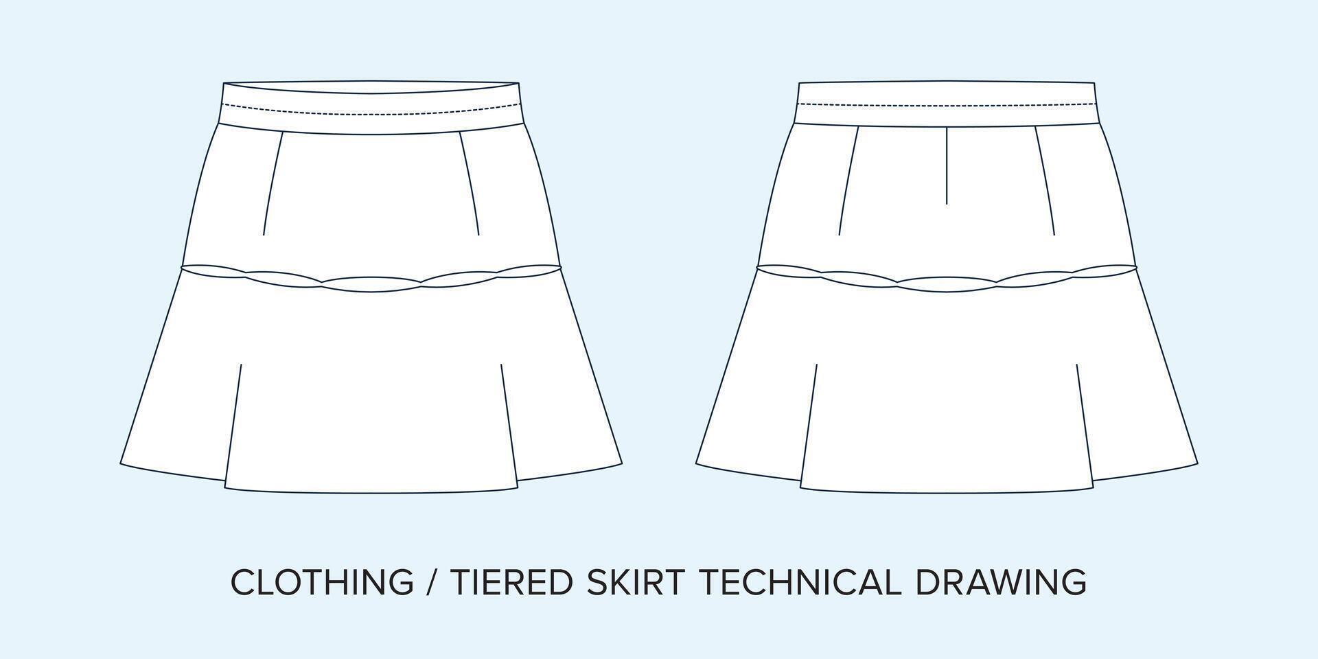 Tiered Skirt, Technical Drawing, Apparel Blueprint for Fashion Designers vector