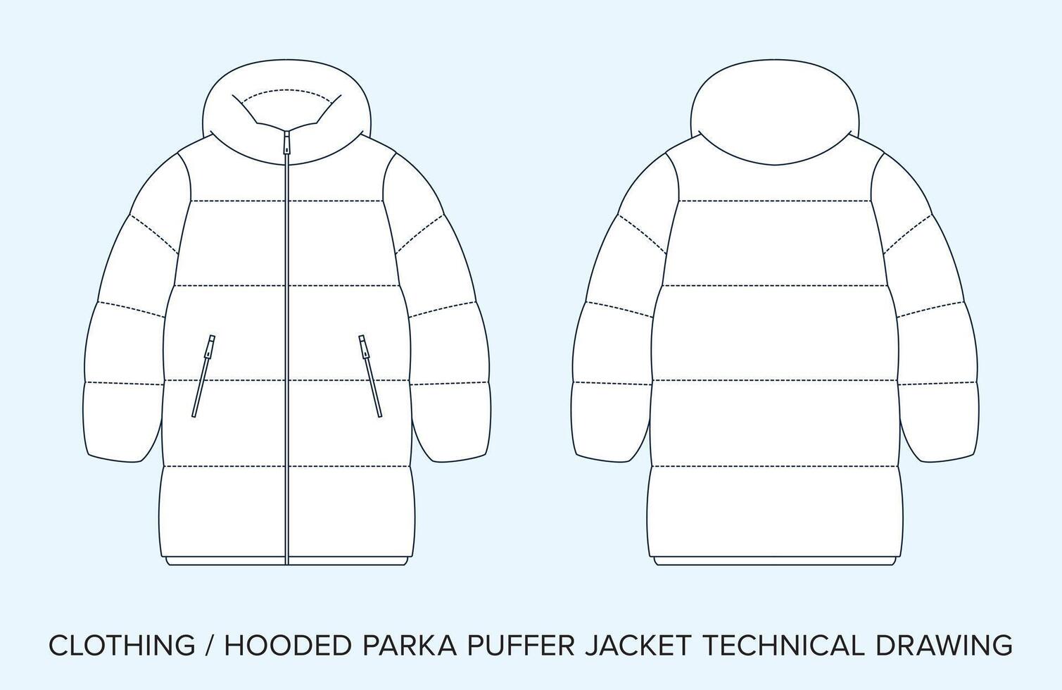 Hooded Parka Puffer Jacket, Technical Drawing, Apparel Blueprint for Fashion Designers vector