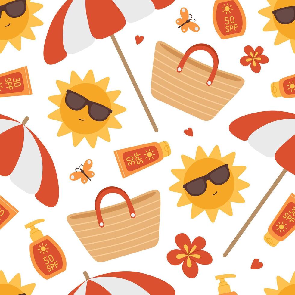 Seamless pattern with sun, umbrella, bag and sunscreen. Beach background. Summer tan. Flat illustration isolated on white vector